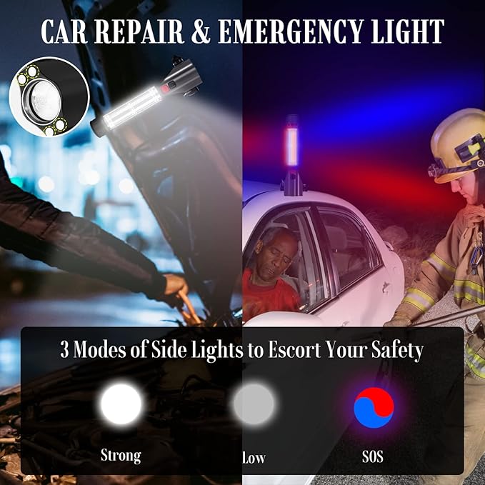 Solar Powered Car Safety Hammer Flashlight with Seatbelt Cutter, LED High Lumens, Red and Blue SOS