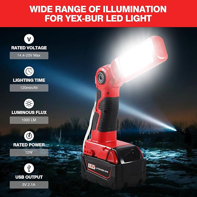 YEX-BUR LED Work Light Torch Compatible with Milwaukee 18v Battery, 12W 1000LM Flashlight with