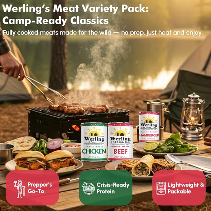 Werling & Sons Canned Meat Variety Pack 14.5 oz – Fully Cooked & Ready to Eat | 2 Hamburger, 2