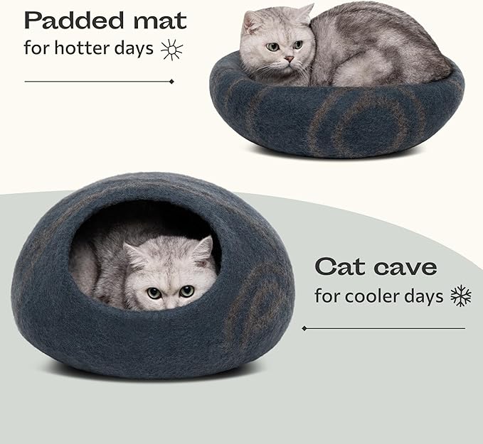 MEOWFIA Cat Cave ??Premium Felt Cat Bed for Indoor Cats, Handmade 100% Merino Wool (Medium, Slate