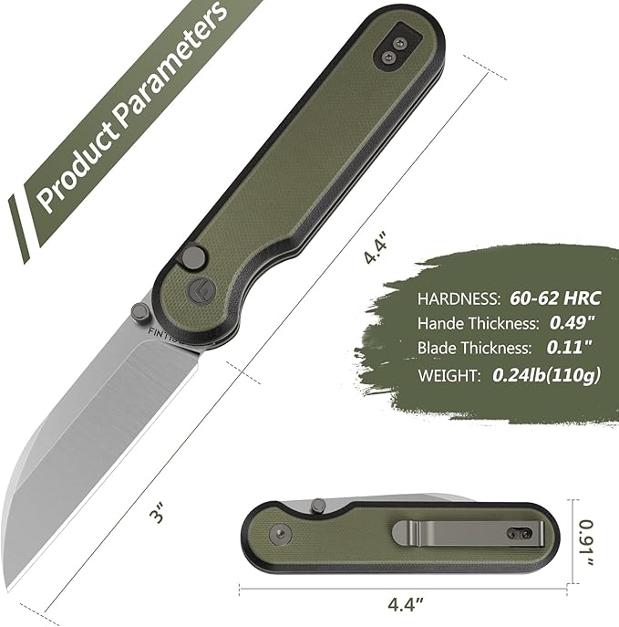 FINTISO Pocket Knife, 3" 14C28N Blade EDC Knife with G10 Handle, Folding Knife with Pocket Clip for