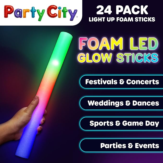 Party City 24pk LED Foam Glow Sticks 14?? Glow in the Dark Party Supplies Favors, Colorful Flashing