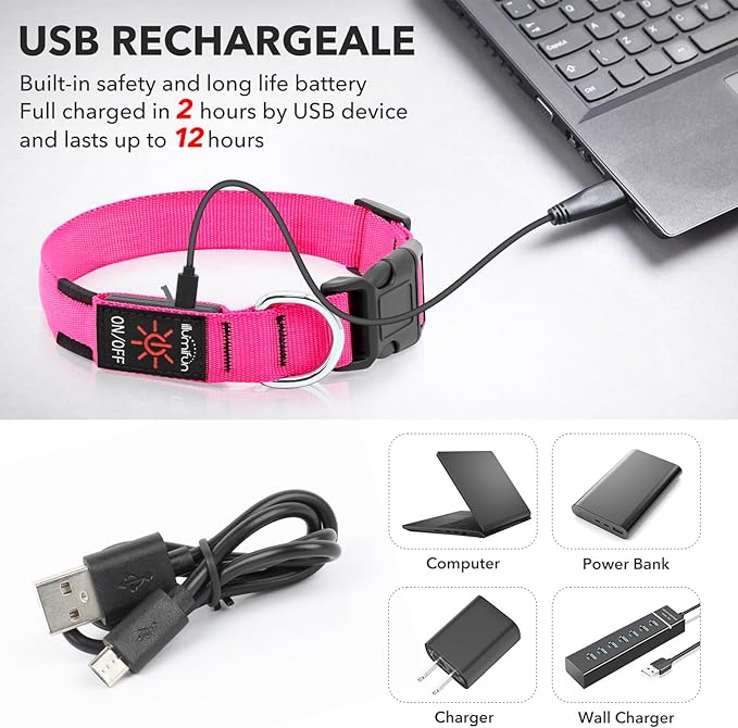 Illumifun Rechargeable LED Dog Collar, Waterproof Light Up Dog Collars Glow in The Dark, Adjustable