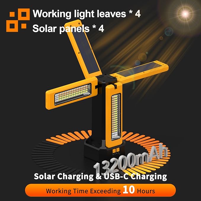 13200mAh Rechargeable Solar Work Light, IPX4 Waterproof with Folding Stand Support and Portable