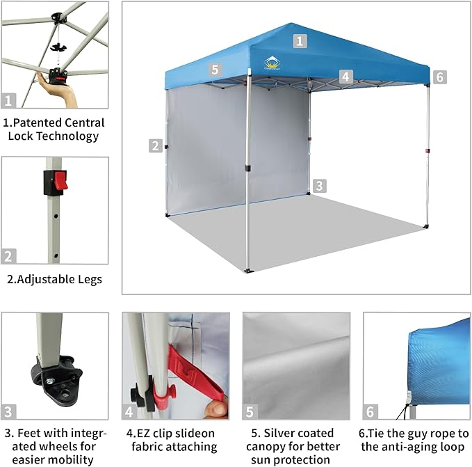 CROWN SHADES 8x8 Pop Up Canopy with 1 Side Wall - Beach Tent with One Push Setup - Outdoor Sun