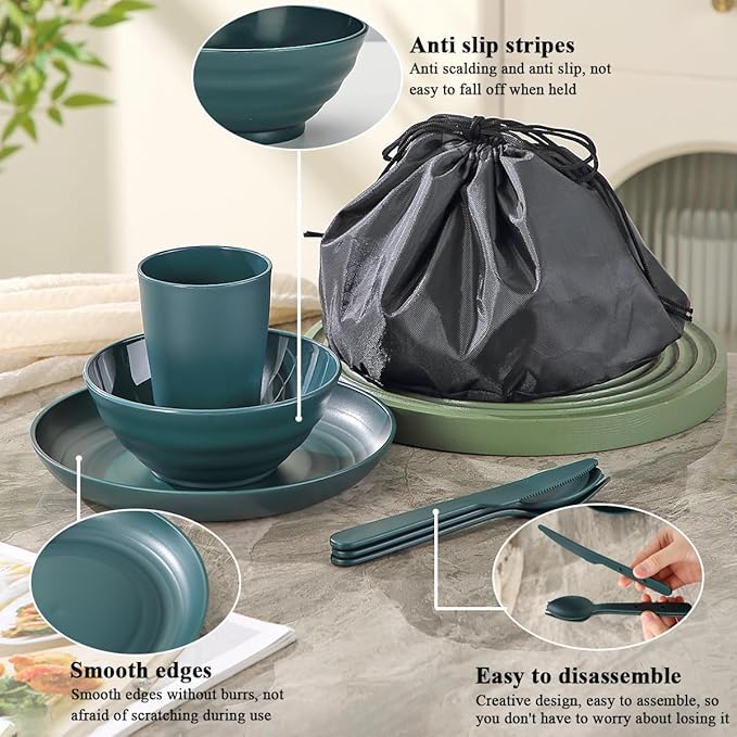 Camping Mess Kit for 2 with Bowl, Plate, Cup, Spoon, Fork, Knife and Carry Bag, Plastic Camping