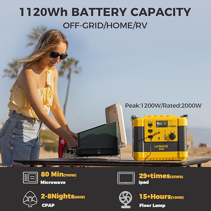 Lipower Solar Generator, 1120Wh Power Station 3 * 1000W AC Outlets(2000W peak), 60W USB-C Output
