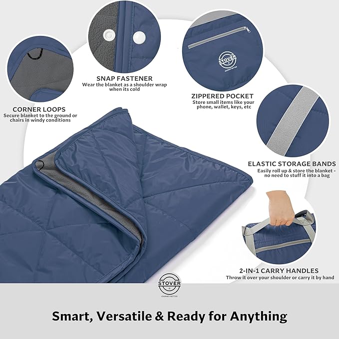 STOVER Waterproof Stadium Blanket – Portable Outdoor Camping Blanket for Travel, Picnics, or Sports