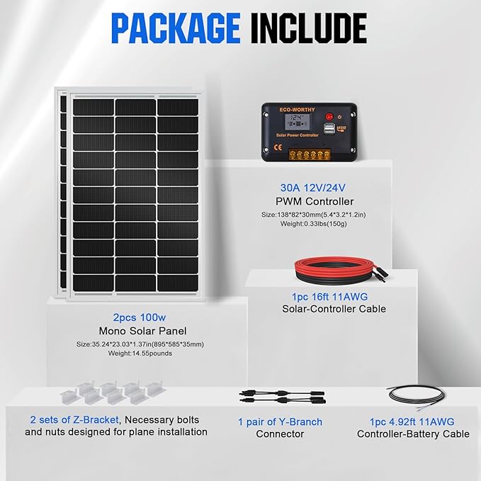 ECO-WORTHY 200 Watts 12 Volt/24 Volt Solar Panel Kit with High Efficiency Monocrystalline Solar