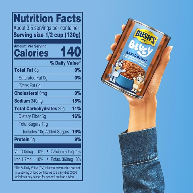 BUSH'S BEST 15.8 oz Canned Bluey Original Baked Beans, Source of Plant Based Protein and Fiber, Low