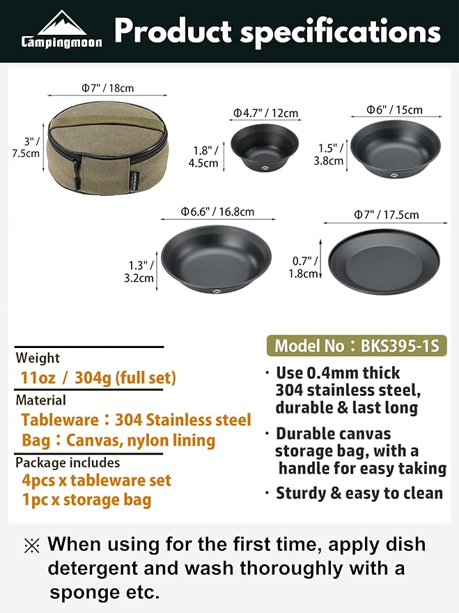 CAMPINGMOON Camping Plates Stainless Steel 4pcs Black BKS395-1S