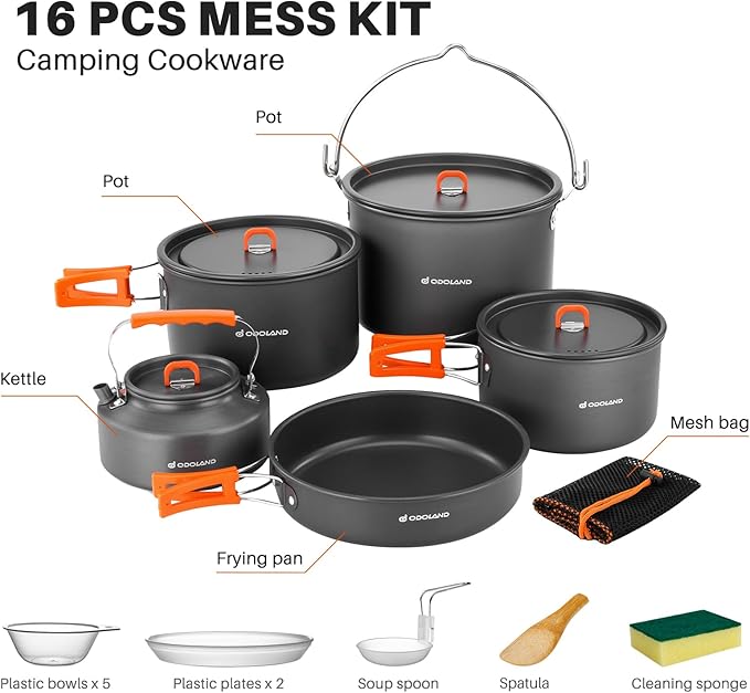 Odoland 18pcs Camping Cookware Large Size Hanging Pot Pan Kettle Set with Plastic Plates Bowls Soup