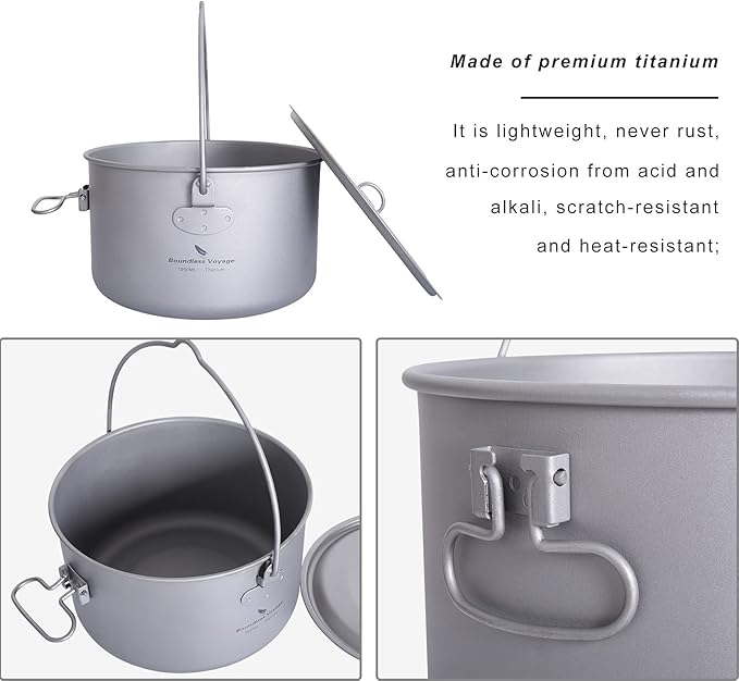 iBasingo 1.95L (1950ml) Titanium Pot with Lid Ultralight Camping Cookware for Backpacking, Hiking &