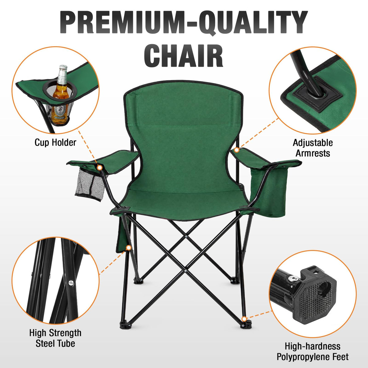 Kamglide 2-Pack Heavy Duty Camping Chairs, 400 LBS Capacity Folding Outdoor Chair with Cooler Bag &
