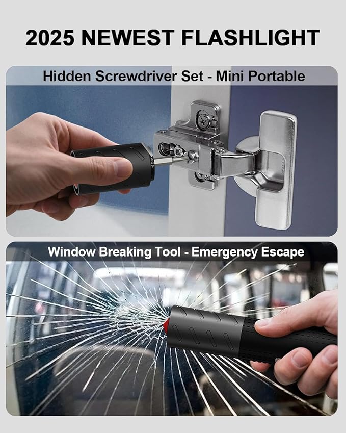 Rechargeable Flashlight, Includes Screwdriver, Window Breaker, 4 Main Lighting Modes, 3 Side