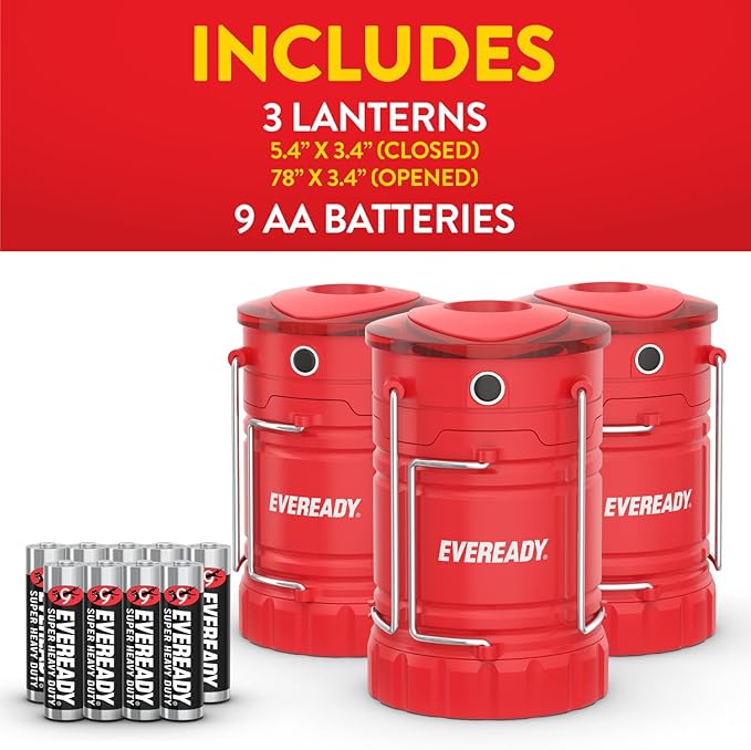 Eveready LED Camping Lantern 360 PRO (3-Pack), Super Bright Tent Lights, Rugged IPX4 Water
