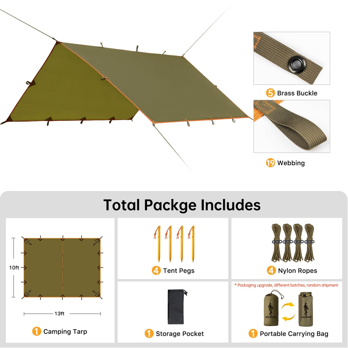 FREE SOLDIER Camping Tarp - 10 x 13ft, Waterproof, Brown - product view 2