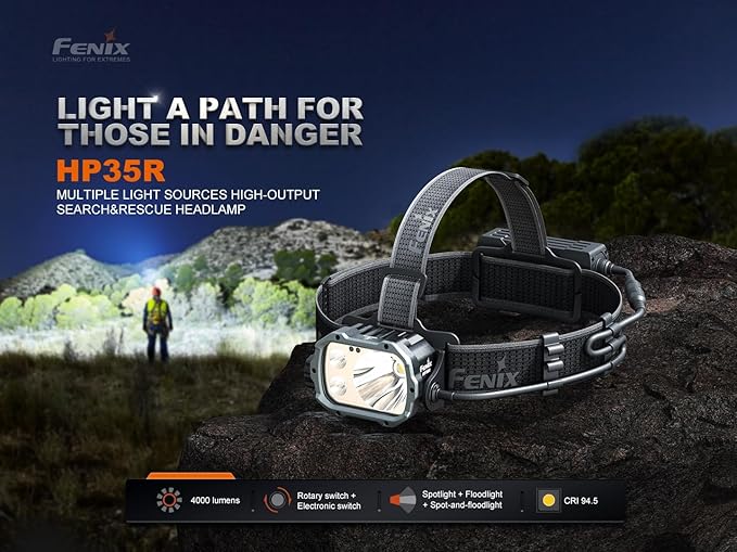 Fenix HP35R SAR 4000 Lumen USB-C Rechargeable Headlamp, with Spotlight and Floodlight and Flame