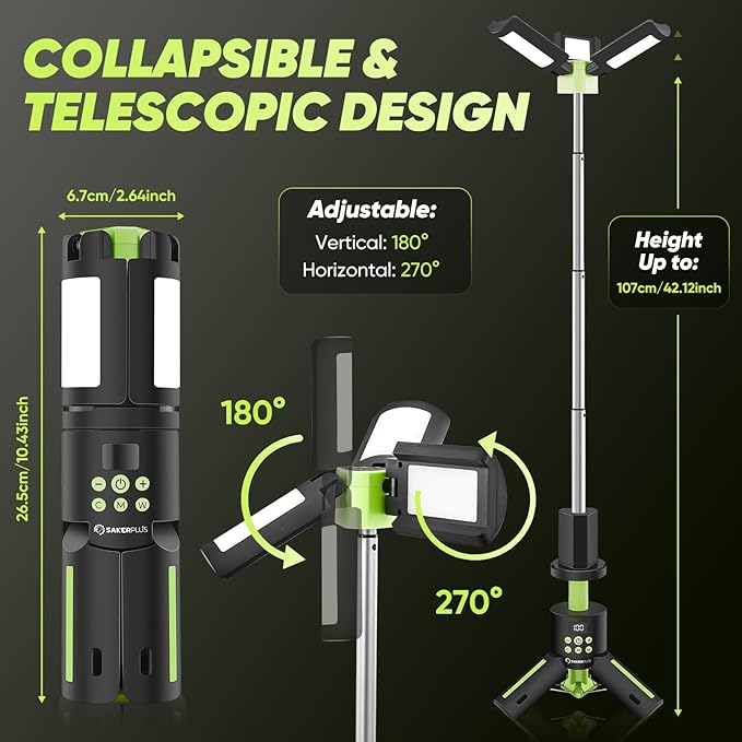 Portable Camping Lights with Stand, 5000LM Rechargeable LED Flashlight, 9 Color Modes, Collapsible