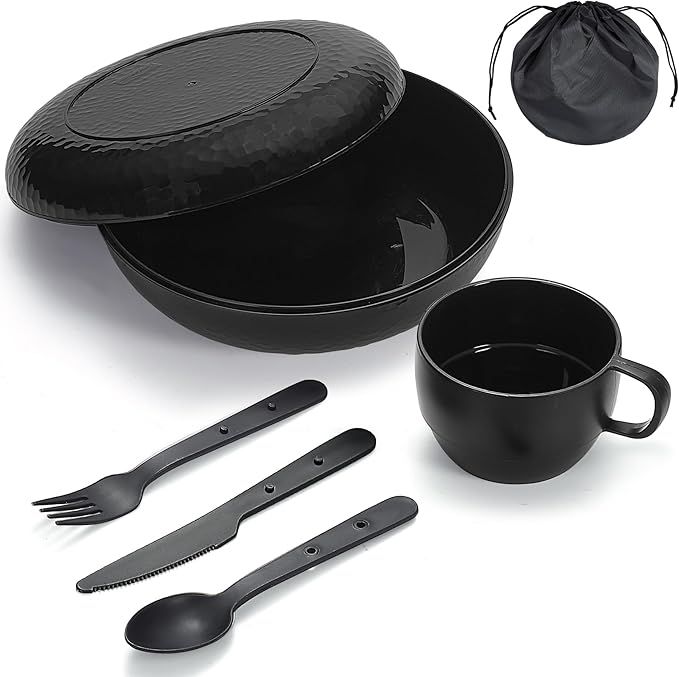 Berglander Camping Mess Kit with Bowl, Plate, Cup, Spoon, Fork, Knife and Carry Bag, Plastic