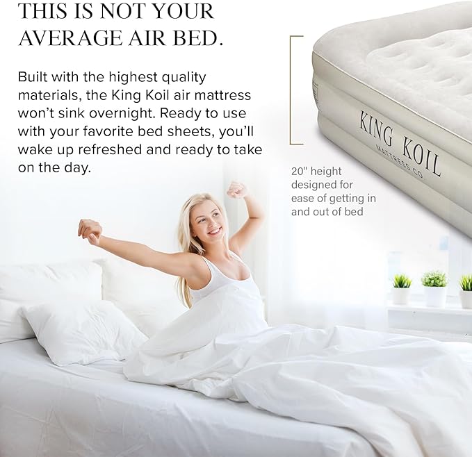 King Koil Luxury Air Mattress 20in Full Size Beige with Built-in Pump for Home, Camping &