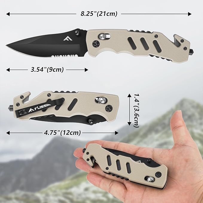 FLISSA Folding Pocket Knife with Clip, Glass Breaker and Seatbelt Cutter, Survival Knife for