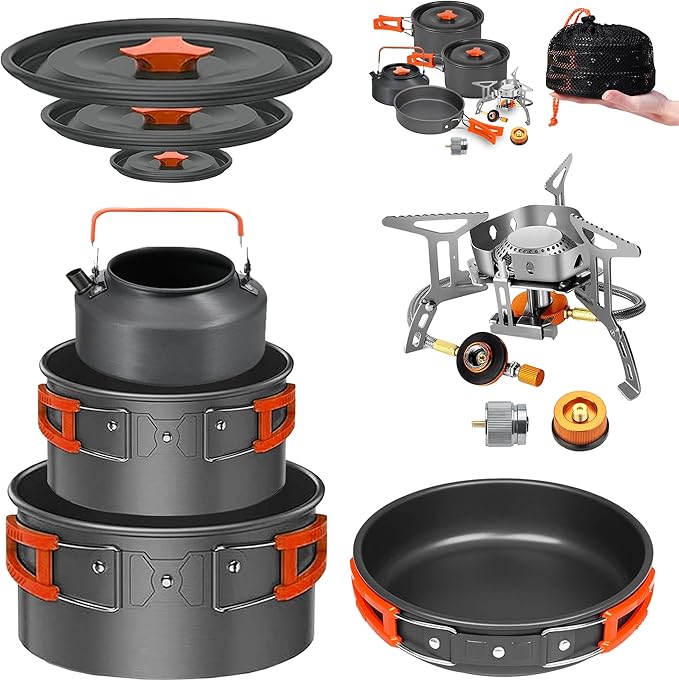 Camping Cookware Mess Kit Set with Stove - Backpacking Camping Pots and Pans Set, All in One