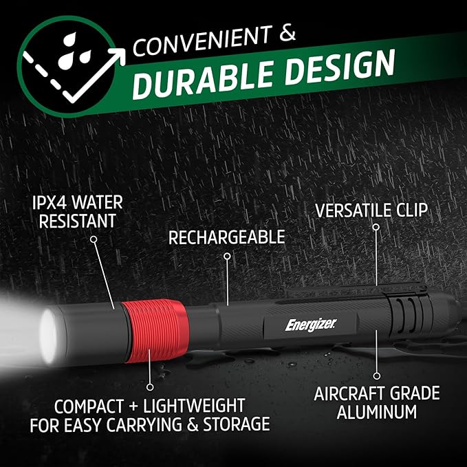 Energizer Rechargeable Penlight, 400 Lumens, IPX4 Water-Resistant, Lightweight Metal Compact
