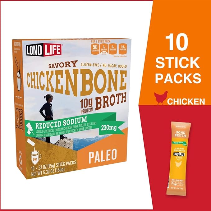 LonoLife Reduced Sodium Chicken Bone Broth Powder Mix | 10g Protein | Collagen-Rich, Keto & Paleo
