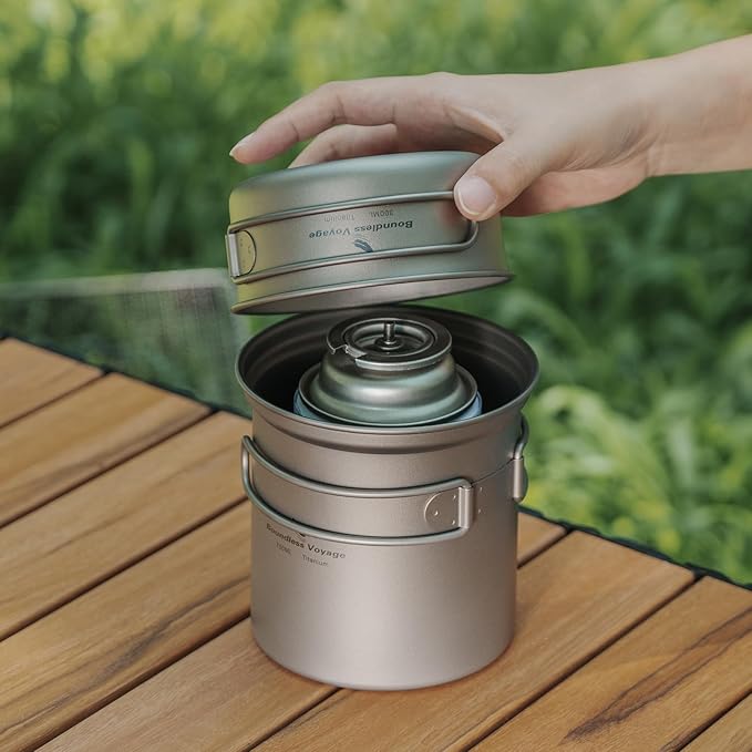 iBasingo Backpacking Cookset Titanium Camping Pots Set Ultralight Outdoor Picnic Pots Pans with