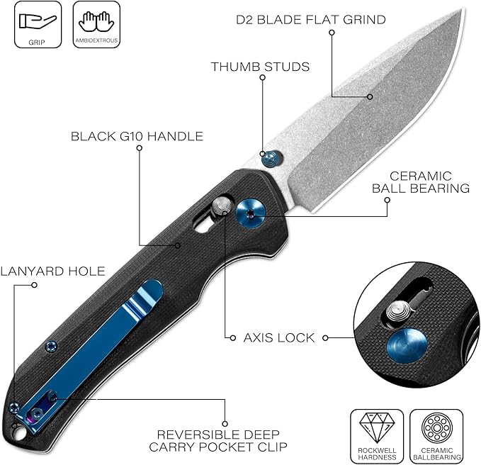 Axis Lock Folding Pocket Knife with Clip, 3.46" D2 Steel Drop Point Blade and G10 Handle, Crossbar