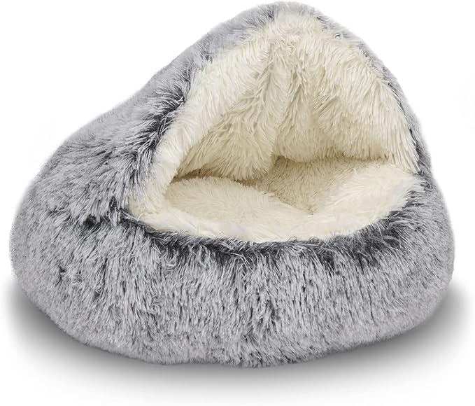 ShinHye Plush Fluffy Hooded Cat Bed Cave, Cozy for Indoor Cats or Small Dogs - Waterproof