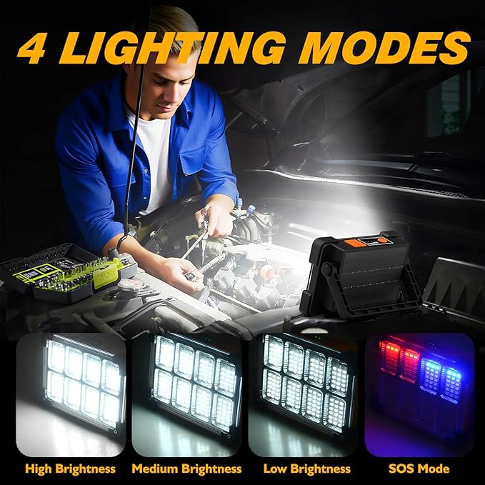 120W Solar Rechargeable Work Light, 144 LED 10000LM Led Work Light with 4 Modes, Portable Flood