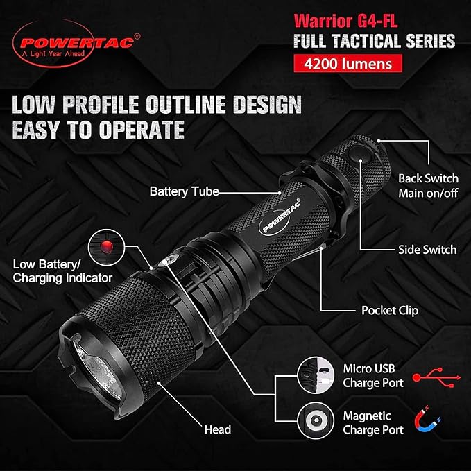 Powertac Warrior G4-FL 4200 Lumen (Wide Beam) Tactical Handheld Flashlight High Lumen, Waterproof