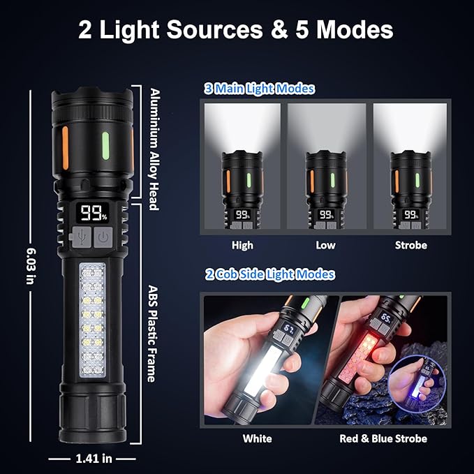 Flashlights High Lumens Rechargeable 3 Packs, 900,000L Led Flashlight Battery Powered with 5 Light