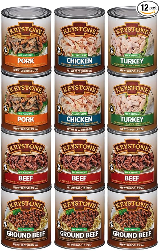 Keystone Meats Variety Pack – 12 Cans of All Natural Fully Cooked Canned Meat (3 Beef, 2 Chicken, 2