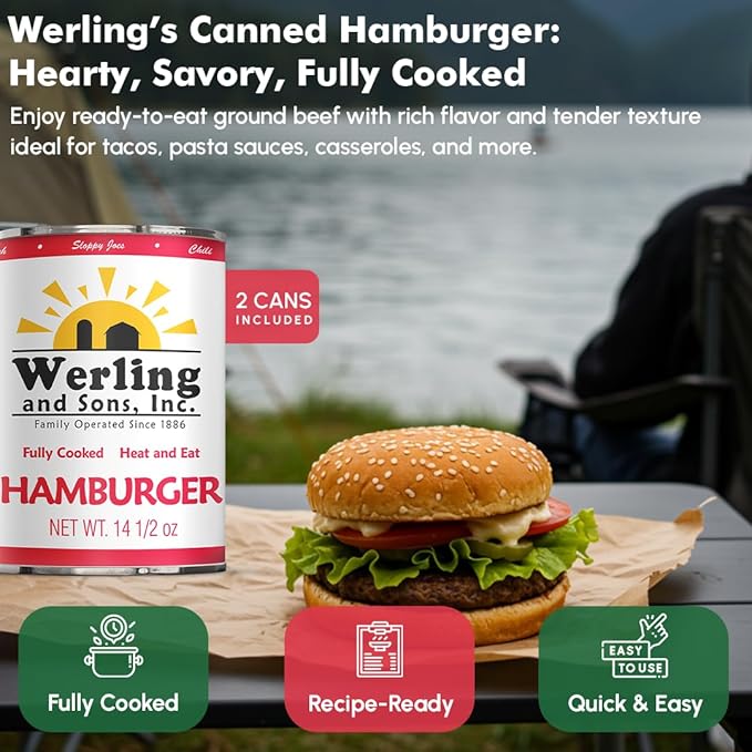Werling & Sons Canned Meat Variety Pack 14.5 oz – Fully Cooked & Ready to Eat | 2 Hamburger, 2