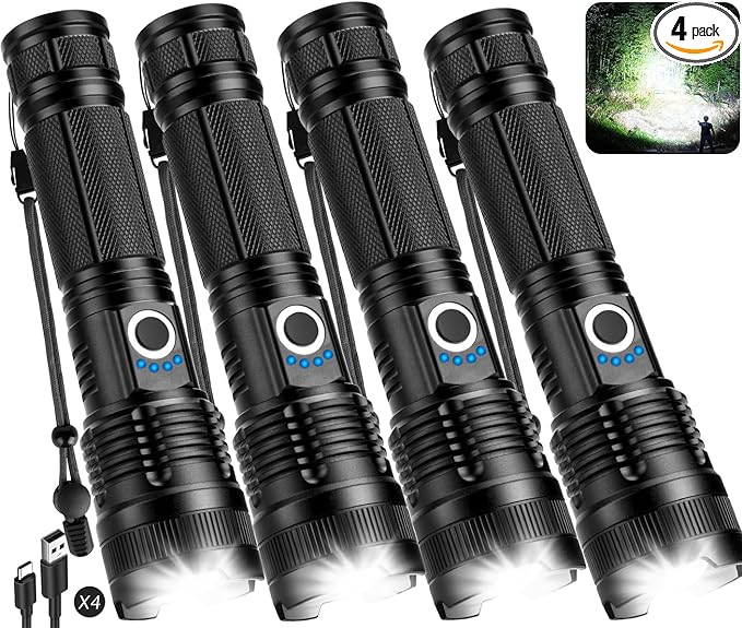 Flashlights Rechargeable LED High Lumens - 4 Pack 90,000LM Super Bright Flashlight, Adjustable