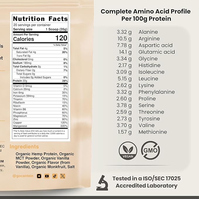 Organic Hemp Protein Powder, Plant Based and Vegan Protein Shake, Lactose and Dairy Free, Gluten