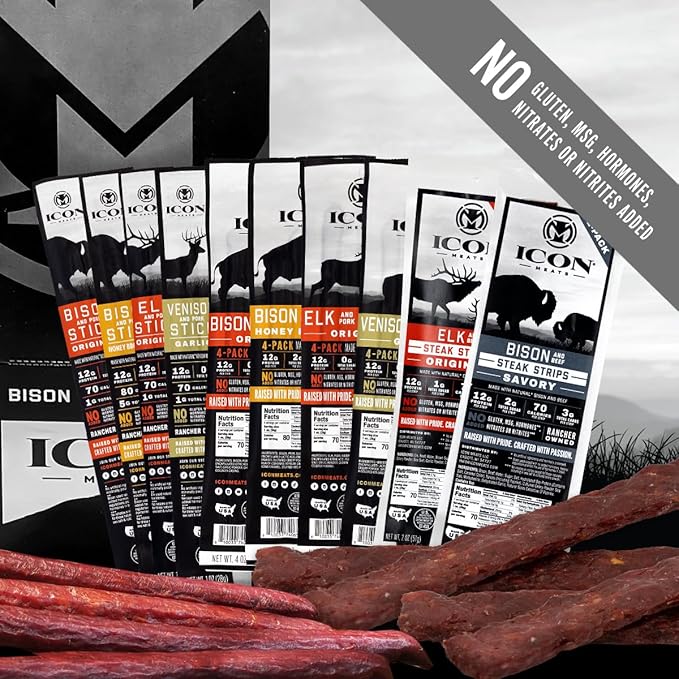 ICON Meat Stick and Steak Strip Sampler Gift Box - 10 Snacks Per Box - Assorted Flavors of Bison