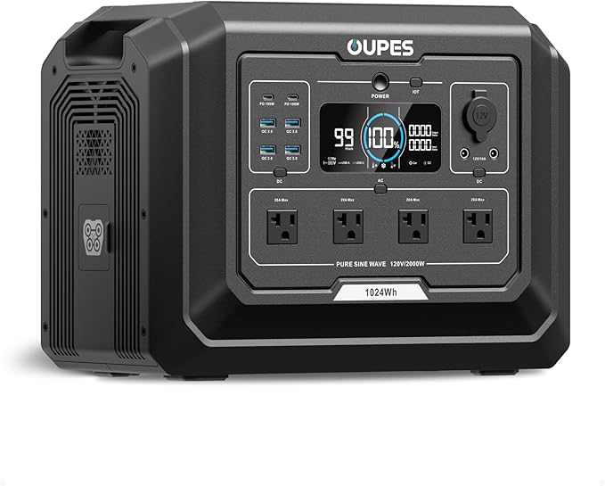 OUPES Mega 1 Portable Power Station, 1024Wh LiFePO4 Battery w/ 4 2000W AC Outlets, Expandable to