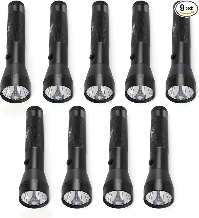 9 Pack Heavy Duty 2-Cell D Battery LED Big Flashlights Bulk, High Lumens, Single Mode, Aluminum