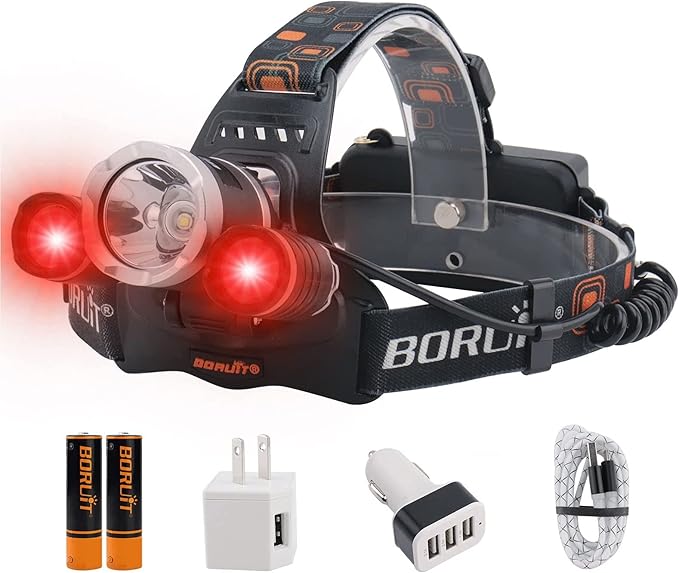 BORUIT RJ-3000 Rechargeabe LED Headlamp Super Bright with Red Light, 3 Modes Super Bright USB Head