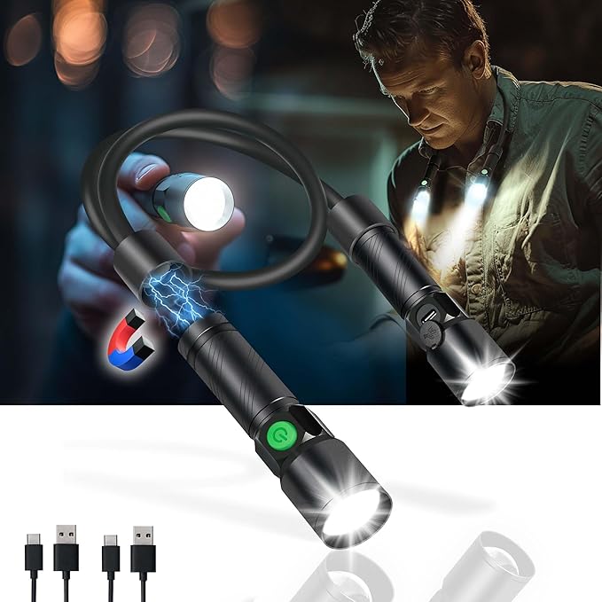 CLAKAP LED Neck Light, 1800Lumens Rechargeable Neck Flashlight with Magnetic Base, Detachable Neck