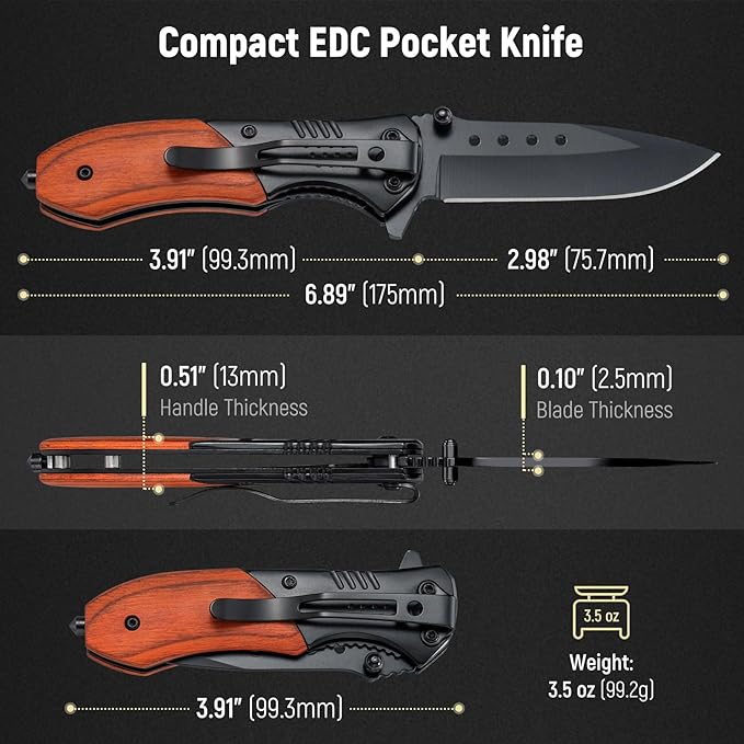 Pocket Knife for Men - 2.98" Sharp Blade Wood Handle Pocket Folding Knives with Clip, Glass Breaker