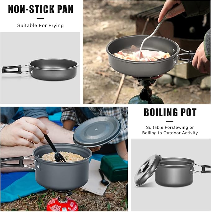 Lixada 10pcs Camping Cookware Mess Kit, Non-Stick Lightweight Stackable Pot Pan Bowls Camping