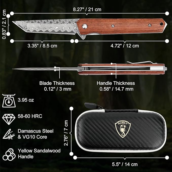 AUBEY Damascus Pocket Knife for Men, Sharp Tanto Blade with VG10 Core Folding Knives with Wooden