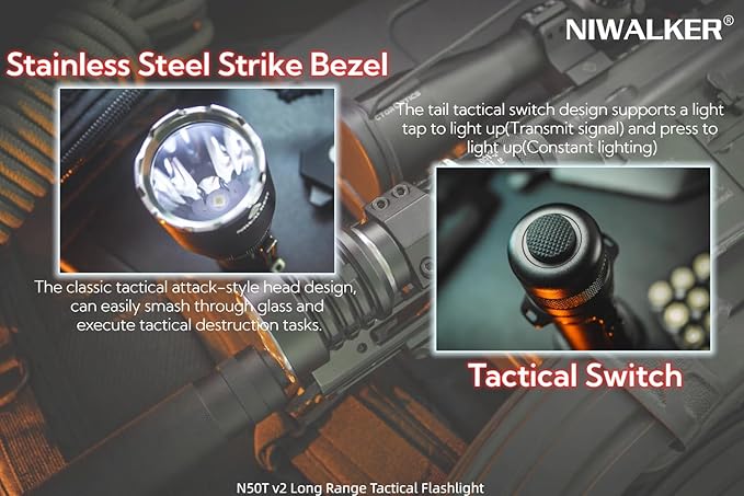 N50T V2 Tactical Flashlight 2300 Lumens, Rechargeable EDC Flashlight with 800 Meters Long Throw
