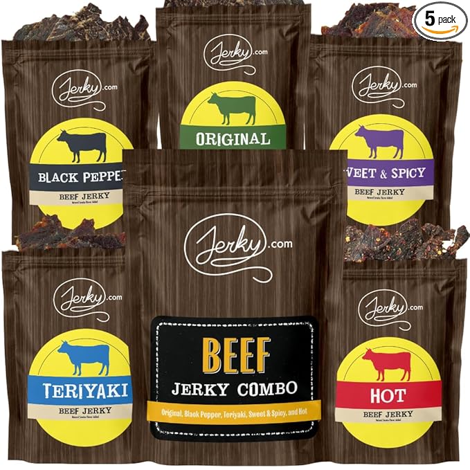 Jerky.com Beef Jerky Combo - Featuring Flavors Hot, Teriyaki, Original, Sweet & Spicy, Black Pepper