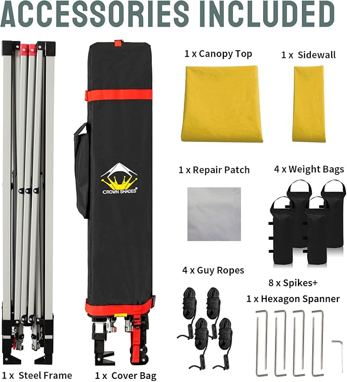 CROWN SHADES 10x10 Pop Up Canopy with 1 Side Wall - Beach Tent with One Push Setup - Outdoor Sun